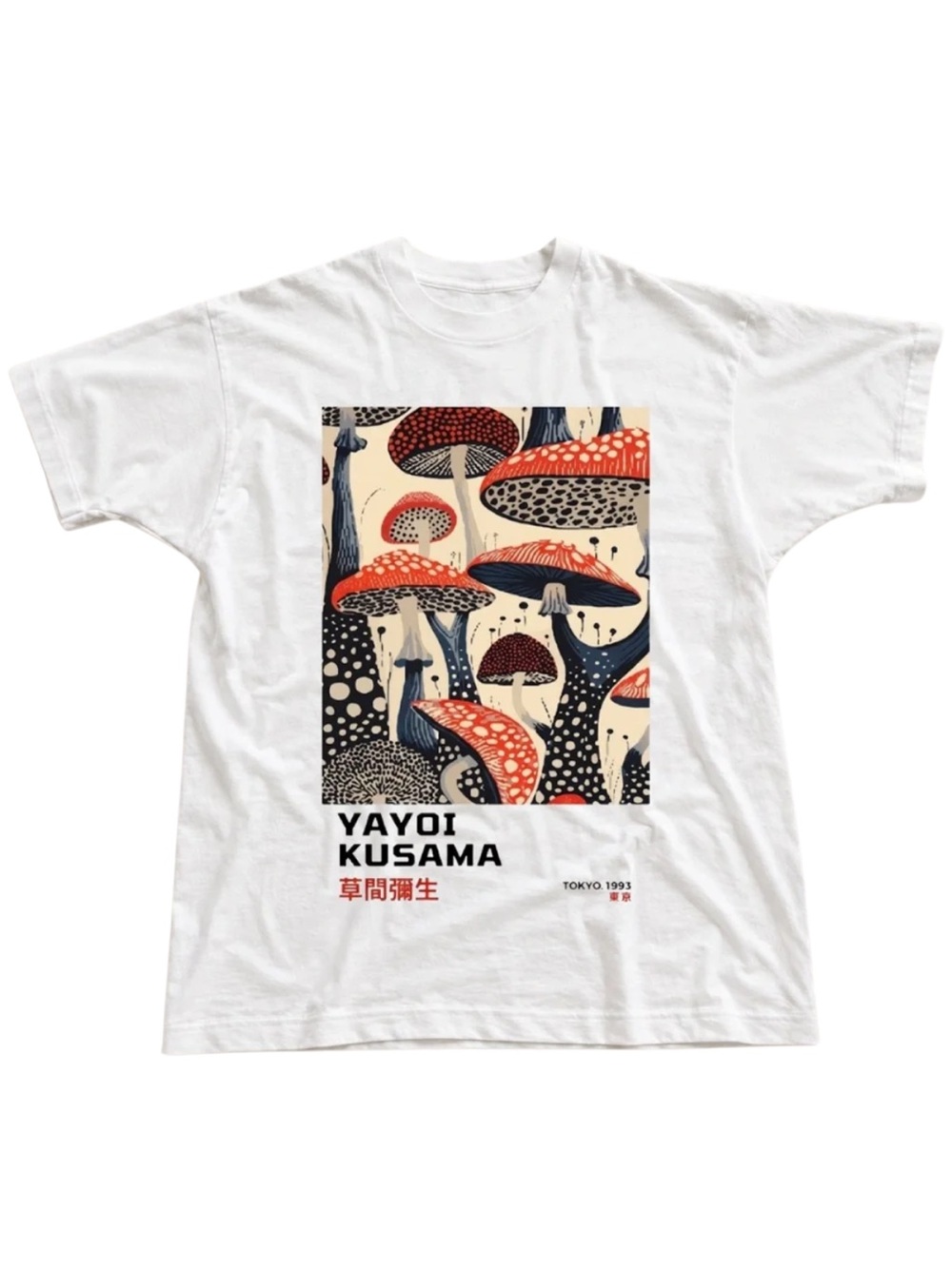 Gildan Yayoi Kusama White Graphic T-Shirt with Red & Navy Mushroom Print